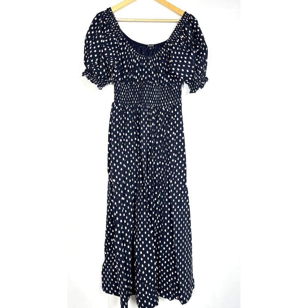 Madewell Shibori Dot Dress Print Puff Sleeve Smocked Midi A-Line Black Pink 12 - Picture 3 of 10